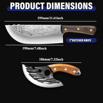 2PCS Meat Cleaver Knife, 7.48" Lightweight Cleaver Knifes, 5.5" Viking Knife with Leather Sheath, Full Tang High Carbon Steel, for Meat Cutting Home & Outdoor Cooking BBQ