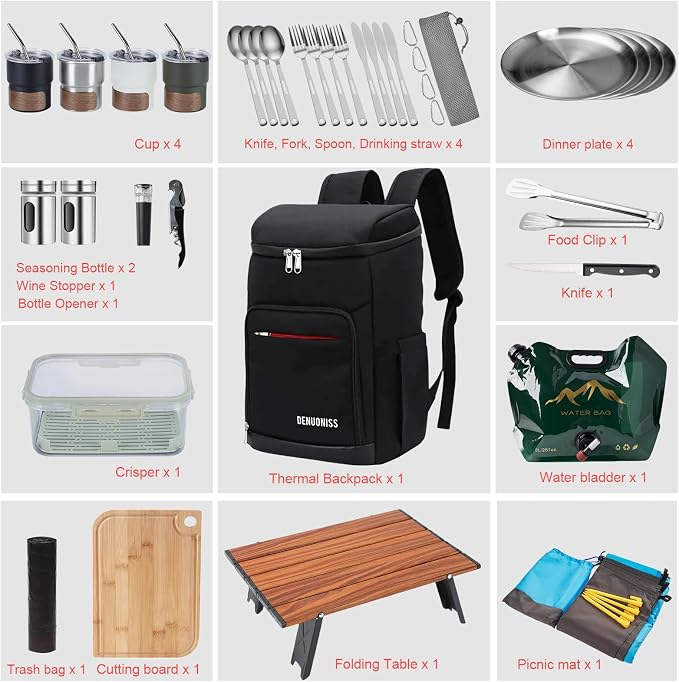 Picnic Backpack Set with Fold Table, Water Bag, Cooler Ice Box & Stainless Steel Utensils - Portable Outdoor Camping Gear for Family Picnics & Hiking (Black, A-4 Person)