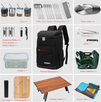 Picnic Backpack Set with Fold Table, Water Bag, Cooler Ice Box & Stainless Steel Utensils - Portable Outdoor Camping Gear for Family Picnics & Hiking (Black, A-4 Person)