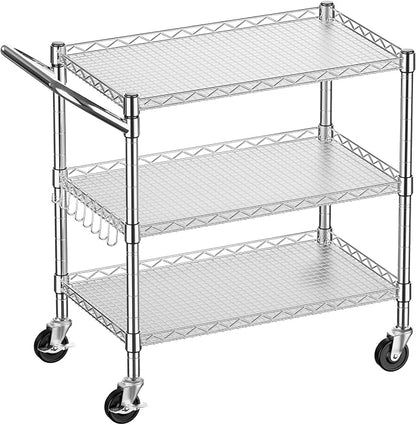 YNN Heavy Duty 3 Tier Utility Rolling Kitchen Cart on Wheels 990LB Capacity | Metal Utility Cart with Wheels Serving Cart Commercial Grade Carts with Wire Shelving & Handle Bar for Kitchen Office School
