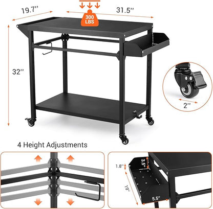 GarveeLife Outdoor Grill Cart, Pizza Oven Stand Table with Lockable Wheels for Outside Patio, Heavy Duty Movable Outdoor Cooking Prep Table BBQ Smoker Cart for Backyard, Camping and Parties, Black