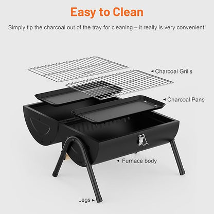 Portable Charcoal Grill with Warming Rack, Wooden Handle, Tabletop BBQ Grill for Outdoor Barbecue Camping Picnic Backyard Patio, Black