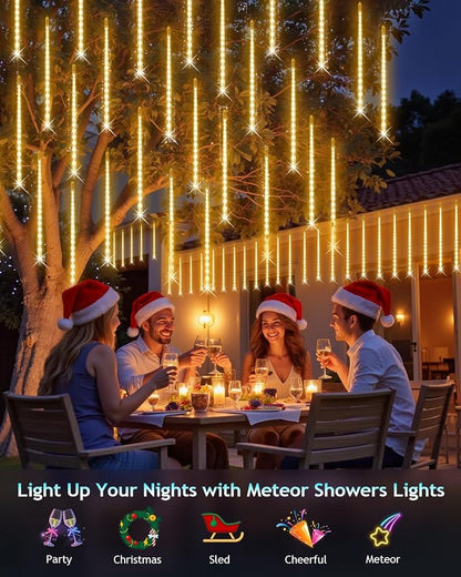 PEMOTech Christmas Lights Outdoor,24 Tubes 30cm 576 Led Meteor Shower Lights, Waterproof Christmas Decorations Icicle Light for Xmas Tree Halloween Party, Ul Plug,Warm White