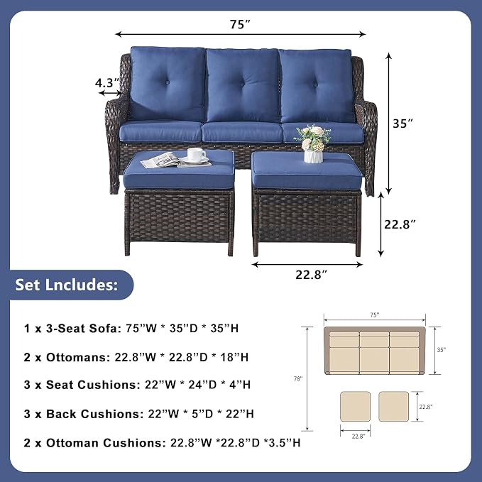 Rilyson Wicker Outdoor Patio Sofa with Ottoman, Large 3 Seater Wicker Patio Couch with 4in Replaceable Seat Cushions and Deep Seating, All Weather for Backyard, Garden, Poolside (Brown/Blue)