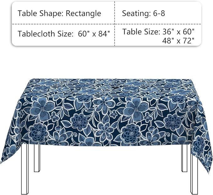 LVTXIII Rectangle Outdoor Tablecloth with Umbrella Hole and Zipper, Water-Repellent 60 x 84 Inch Patio Table Cover for Picnic, Garden, Backyard Dining, Flower Navy