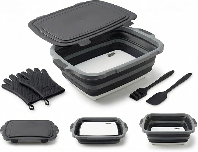 Collapsible BBQ Prep Tub with Lid & Cutting Board 16L - XL Meat Marinating Basin & Grill Carry System - 5pc Set with Heat Resistant Gloves, Basting Brush & Spatula (Black, Large, 16L)