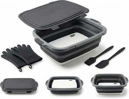 Collapsible BBQ Prep Tub with Lid & Cutting Board 16L - XL Meat Marinating Basin & Grill Carry System - 5pc Set with Heat Resistant Gloves, Basting Brush & Spatula (Black, Large, 16L)