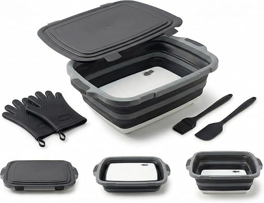 Collapsible BBQ Prep Tub with Lid & Cutting Board 16L - XL Meat Marinating Basin & Grill Carry System - 5pc Set with Heat Resistant Gloves, Basting Brush & Spatula (Black, Large, 16L)
