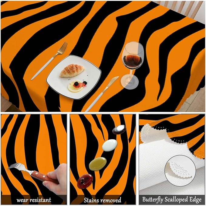 Swono Tiger Print Tablecloth African Animal Tiger Skin Orange Black Stripe Decorative Table Cover for Kitchen, Party Banquet and Holiday Tablecloth, 52x70 Inch(4-6 Seats)