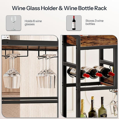 HOOBRO Bar Cart, Bar Cart for The Home, 3-Tier Home Bar Serving Cart with Removable Tray, Kitchen Cart with Wine Rack and Glass Holder, for Bar, Living Room, Party, Rustic Brown and Black BF62TC01