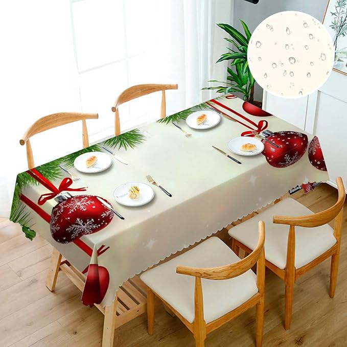 Swono Christmas Table Cloth Christmas Fir Twigs Red Balls Rectangle Tablecloth Picnic Tablecloth BBQ Table Cloths Polyester for Kitchen 50x72 Inch