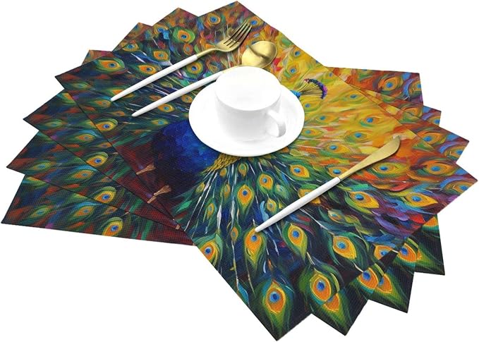 Beautiful Peacock Placemats Set of 4 Linen 12x18 Inch | Washable Heat-Resistant Cute Kitchen Table Mats for Dining Outdoor Farmhouse Holiday Home Decor
