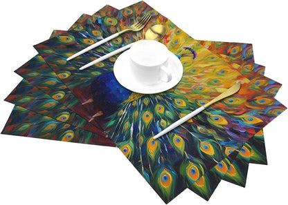 Beautiful Peacock Placemats Set of 4 Linen 12x18 Inch | Washable Heat-Resistant Cute Kitchen Table Mats for Dining Outdoor Farmhouse Holiday Home Decor