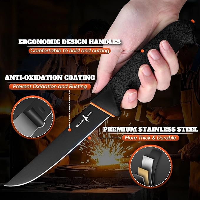 Golden Bird Butcher Knife Set - Non-slip Skinning Knife Set with Roll Bag, Professional Game Processing Knives Sets - Butcher & Skinning Boning Knives with German Stainless Steel, Gift for Men