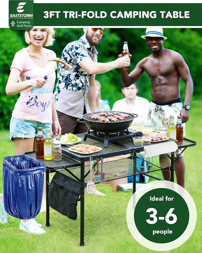 3 Ft Camping Table Foldable, Metal Mesh Grill Table with Side Wing Panels | Black Finish, 2 Adjustable Heights, Storage Net, Paper Towel Holder, Hooks and Trash-Bag Rack for Camping, BBQ and Picnics