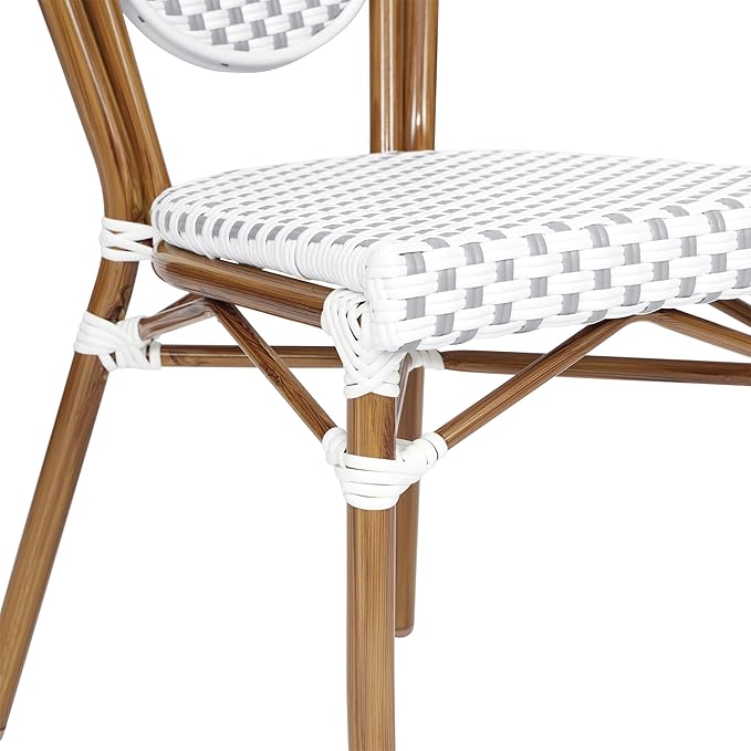 Flash Furniture Lourdes Indoor/Outdoor Commercial Thonet Bistro Stack Chair - White/Gray PE Rattan Back and Seat - Natural Bamboo Print Metal Frame