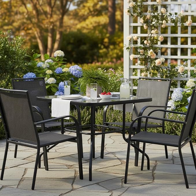 Tangkula 35" Glass Top Patio Dining Table for 4, Square Outdoor Table with Tempered Glass Tabletop, 1.65" Umbrella Hole & Metal Frame, 4-Person Outside Dining Table for Backyard, Lawn, Deck & Poolside