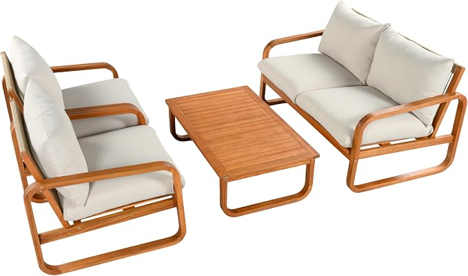 VilroCaz Acacia Wood 4-Piece Patio Conversation Set, All Weather Sectional Sofa Set w/ 2 Chairs, Loveseat & Table, Outdoor Furniture Set with Woven Rope Accents and Cushions for Backyard Pool