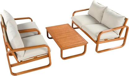 VilroCaz Acacia Wood 4-Piece Patio Conversation Set, All Weather Sectional Sofa Set w/ 2 Chairs, Loveseat & Table, Outdoor Furniture Set with Woven Rope Accents and Cushions for Backyard Pool