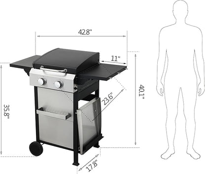 2-Burner Propane Gas BBQ Grill, SS Plancha, 24600BTU Output With Wire Enamel Cooking Grids For Outdoor Barbecue, Foldable Side Table, Hanging Basket, Stainless Steel