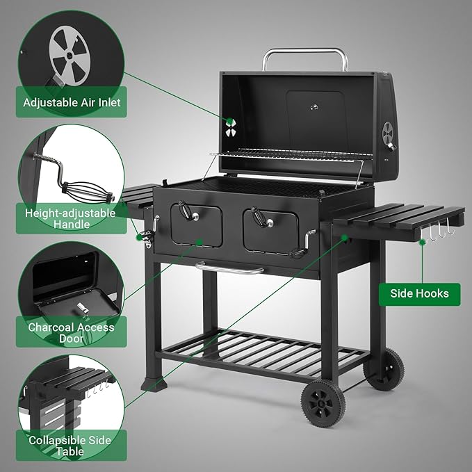 Outvita Extra Large Charcoal BBQ Grill with Oversize Cooking Area with Two Individual & Adjustable Charcoal Tray, Foldable Side Tables for Outdoor Cooking Backyard Patio Picnics