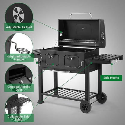 Outvita Extra Large Charcoal BBQ Grill with Oversize Cooking Area with Two Individual & Adjustable Charcoal Tray, Foldable Side Tables for Outdoor Cooking Backyard Patio Picnics