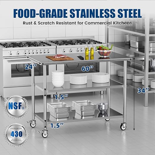Stainless Steel Work Table with Wheels, 24x60 Inch NSF Kitchen Prep Table with 2 Adjustable Undershelves for Commercial Restaurant, Garage, Outdoor BBQ