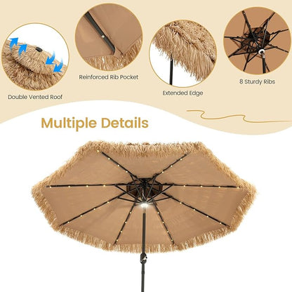 Tangkula 9 ft Thatched Patio Umbrella, 2 Tier Hawaiian Style Grass Beach Umbrella with 32 Led Lights, Center Light, Solar Tiki Umbrella with 8 Ribs, Tilt Adjustment, Manual Crank for Backyard Pool