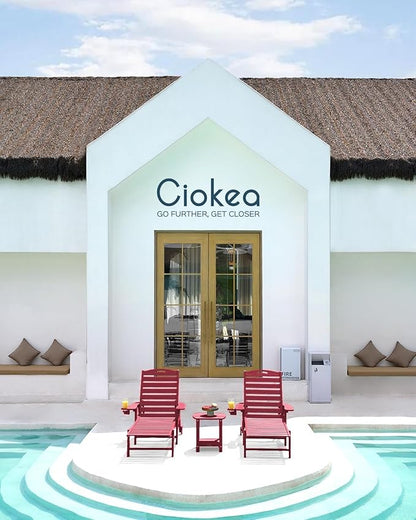 Ciokea Outdoor Chaise Lounge Chair Set of 2, Patio Lounge Chairs for Outside, HDPE Lounge Chair with Wheels & Cup Holder, Poly Chair with 5 Position for Poolside, Deck, Red