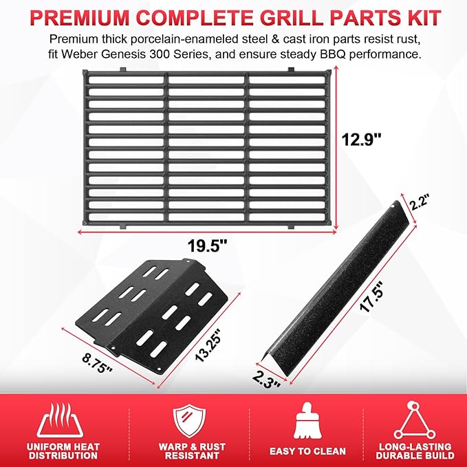Grill Parts Kit for Weber Genesis 300 310 330 Grill Parts for Weber Genesis E330 E310 S310 S330 EP330 EP310 S320 E320 Grill Parts 7621 Flavorizer Bars 17.5", Genesis 7524 Grates, 7622 Heat Deflector