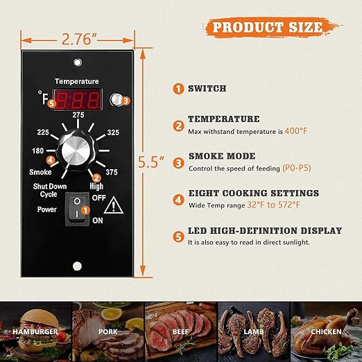 Digital Thermostat Kit Compatible with Traeger Pellet Grills BAC236 | BAC283 BAC388 BAC389 BAC382 BAC200 Replacement Part with 7" RTD Temperature Sensor, Temperature Controller LED Panel