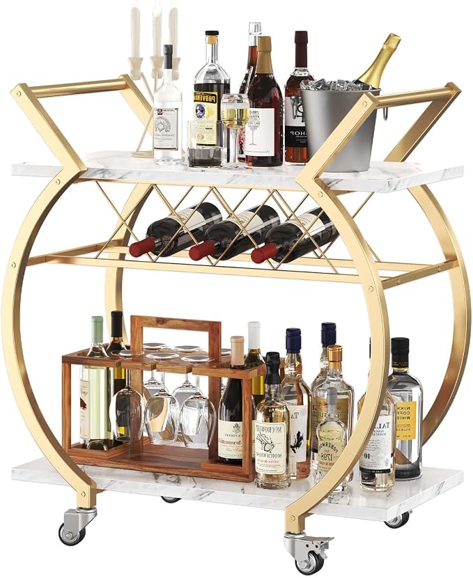 LVB Gold Bar Cart with Wheels, Modern White Marble Home Bar Serving Cart | Drink Cart with Wine Rack, Metal Wooden Beverage Cart, Rolling Kitchen Cart for Home Dining Room,Gold White Marble
