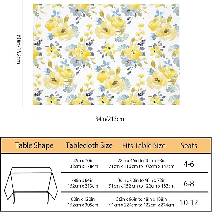 TKS MITLAN Yellow Blue Flowers Tablecloth Decor Watercolor Plant Tender Petal Bright Summer Romantic Table Cloth Dining Room Kitchen Table Cover 60" X 84" Oblong/Rectangle