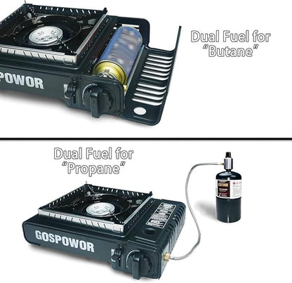 Propane or Butane Stove with Windblocker, Dual Fuel 10,000 BTU Portable Gas stove for Camping, Automatic Ignition Gas Stove with Adapter Hose Carrying Case & Griddle for Hiking (Fuel Not Included)