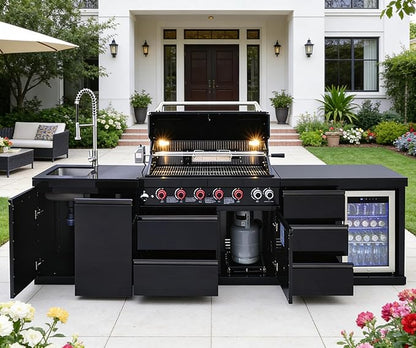 114" Outdoor Kitchen Island with Grill, 6-Burner 83,500 BTU Propane BBQ Island, Refrigerator, Sink with Trash Can Holder & 3-Drawer Cabinet, for Backyard and Patio Cooking, Black