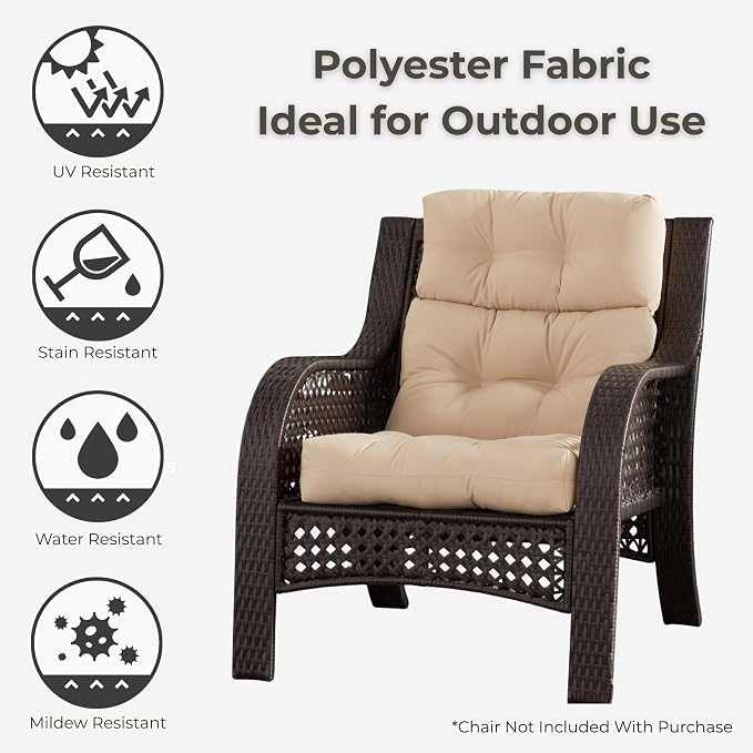 Outdoor Tufted High-Back Chair Cushions, One-Piece Hinged Seat and Back Design, Reversible with 4 Ties, Durable Polyester Fabric, Recycled Fiber Fill - Single, Stone