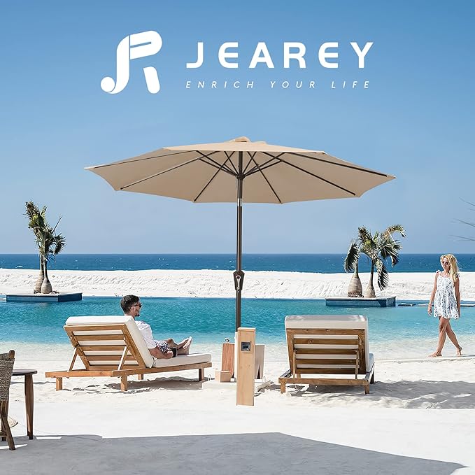 JEAREY 9FT Outdoor Patio Umbrella Outdoor Table Umbrella with Push Button Tilt and Crank, Market Umbrella 8 Sturdy Ribs UV Protection Waterproof for Pool, Garden (Beige)