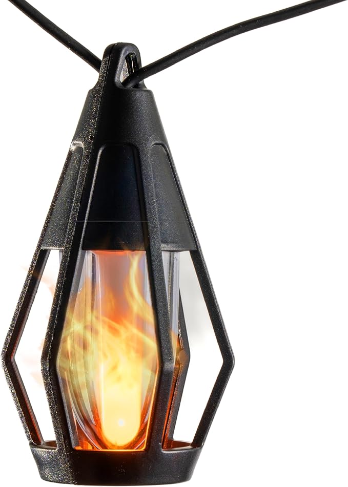FoxFlame Solar String Lights Outdoor Waterproof, Patented Fire Effect 21 Ft | 10 Flickering LED Bulbs, Solar-Powered Solar Hanging Lights Outdoor for Patios, Porches, Fences and Gardens