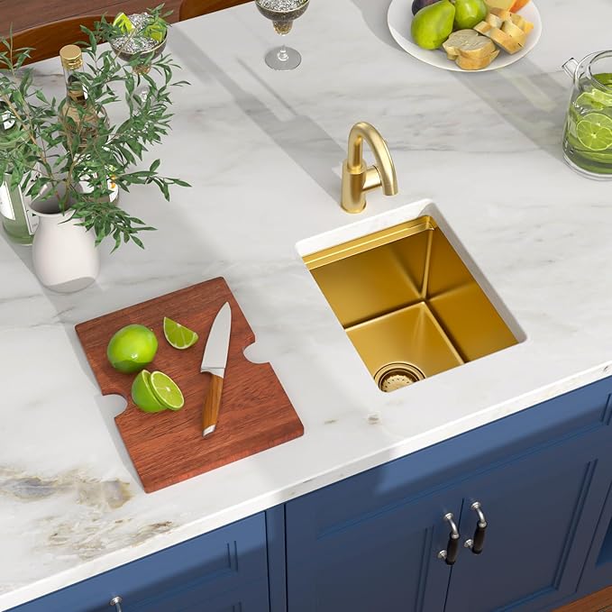 Undermount Gold Bar Sink 12"x15" Workstation Undermount Small Kitchen Sink Small Wet Bar Sink 16 Gauge Stainless Steel for RV Kitchen, LKU0212159G