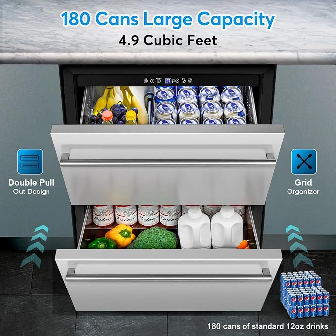 24" Undercounter Beverage Cooler, Outdoor Stainless Steel Drawer Fridge | Temp control, Outdoor patio garage bar, Home kitchen commercial, Rustproof stainless steel, Energy efficient, Digital display