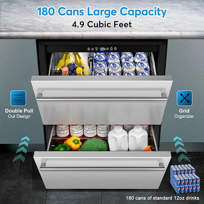 24" Undercounter Beverage Cooler, Outdoor Stainless Steel Drawer Fridge | Temp control, Outdoor patio garage bar, Home kitchen commercial, Rustproof stainless steel, Energy efficient, Digital display