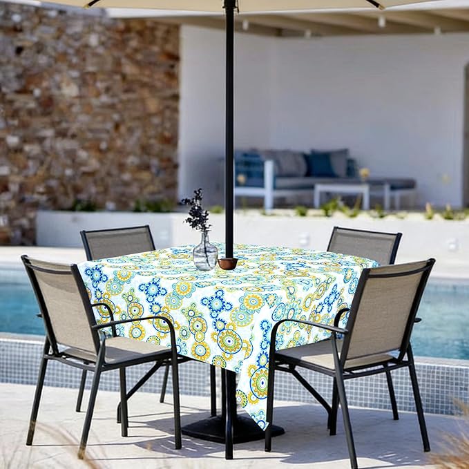 Poise3EHome Square Outdoor Tablecloth with Umbrella Hole and Zipper,Floral 60x60 Inch,Polyester SpillProof Washable Table Cloth for Spring Summer Patio Garden Poolside Picnic Camping BBQS