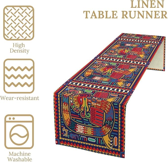 Mexican Table Runner,Cotton Linen Non-Slip Dining Table Runners Culture Pattern Colorful Artwork Abstract Snake in Vivid Folk Kitchen Decor 13x70 Inch