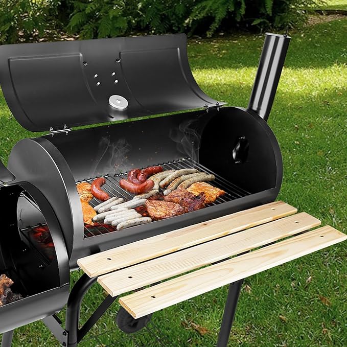Charcoal Grills with Offset Smoker & Thermometer, Barrel BBQ Grill & Smoker Combo, Spacious Barbecue Grill for Outdoor Backyard Camping Parties