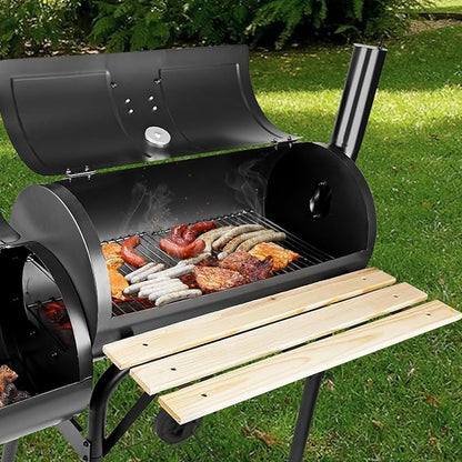 Charcoal Grills with Offset Smoker & Thermometer, Barrel BBQ Grill & Smoker Combo, Spacious Barbecue Grill for Outdoor Backyard Camping Parties