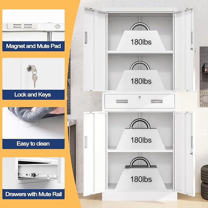 Wanfu Metal Storage Cabinet, 71" H x 28" W x 16" D Locking Storage Cabinet with 2 Adjustable Shelves and 1 Drawer for Office, Garage, Home, School, Utility(White)