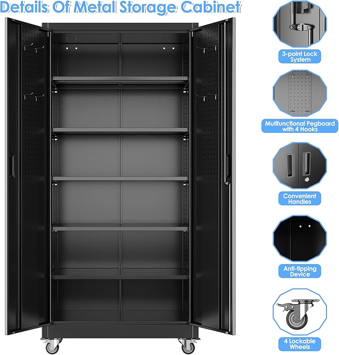 Aobabo Upgrade 71H''*32''W*16''D Metal Garage Storage Cabinet with Wheels and Pegboards, 5 Adjustable Shelves Steel Storage Cabinets for Garage,Warehouse, Black, Assembly Required