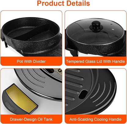 Hot Pot with Grill, 2 in 1 Korean BBQ Grill Shabu Shabu Hot Pot, 2200W Indoor Smokeless Hotpot Pot Combo Electric W/Large Baking Tray, Divider & Separate Dual Temperature Control for 2-12 People, 110V