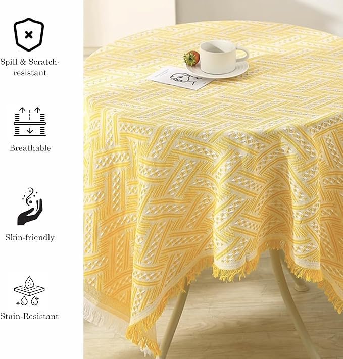 Geometric Tassel Tablecloth – 100% Polyester, Soft & Durable, Indoor & Outdoor Dining, BBQs, Parties, Picnics, Modern Minimalist Yellow & White Design