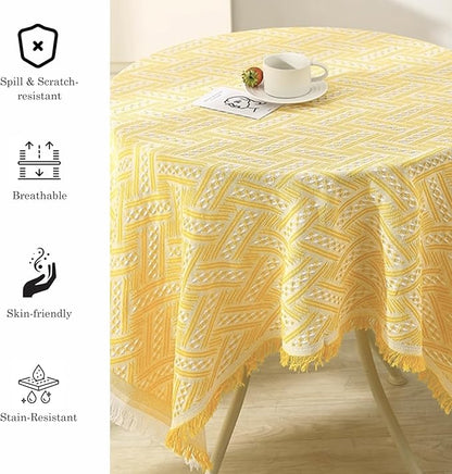 Geometric Tassel Tablecloth – 100% Polyester, Soft & Durable, Indoor & Outdoor Dining, BBQs, Parties, Picnics, Modern Minimalist Yellow & White Design